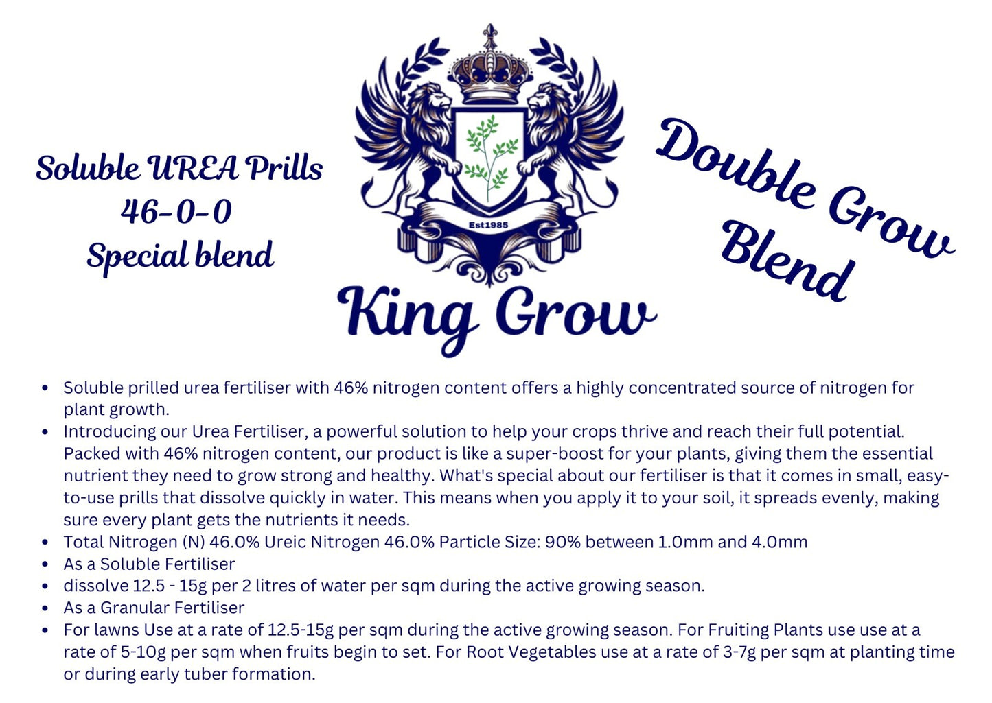 King Grow Urea Soluble Prills/Granular 46% (N) Fertiliser | Quick Release | 10kg