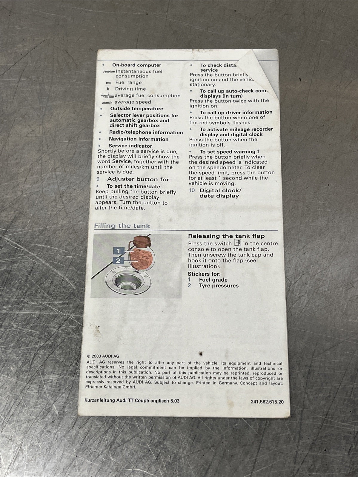 Audi TT Coupe QUICK REFERENCE GUIDE FOR Owners Handbook/Manual 03-06