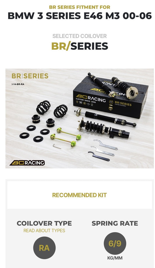BC Racing BMW E46 M3 1998-2006 BR Coilover Suspension Kit Race Track Drift Drift