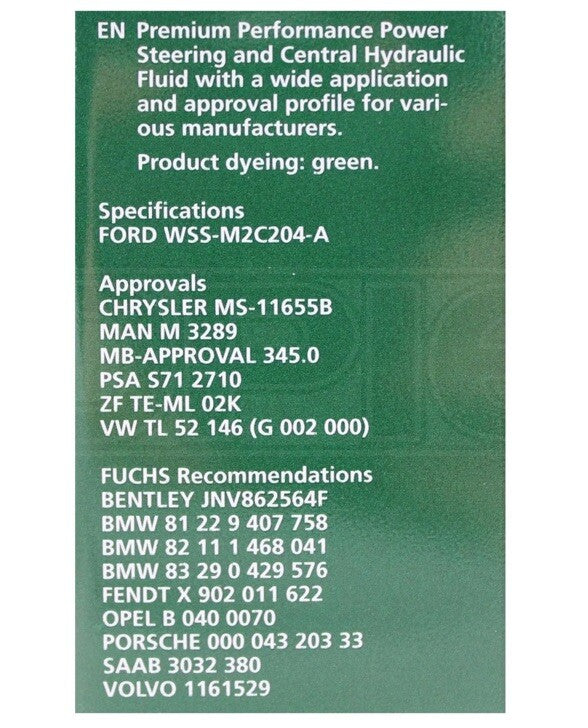 Fuchs Titan CHF 11S VW Audi SEAT Skoda Green Power Steering Fluid Oil - 1 Litre