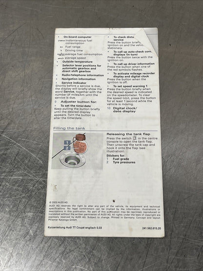 Audi TT Coupe QUICK REFERENCE GUIDE FOR Owners Handbook/Manual 03-06